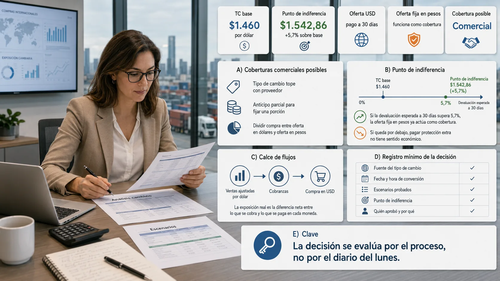 Sin futuros a mano, la cobertura es comercial: tipo de cambio tope, anticipo parcial o dividir la compra. El punto de indiferencia ($1.542,86, +5,7% sobre el TC base de $1.460) marca desde cuándo la oferta fija en pesos ya funciona como cobertura.