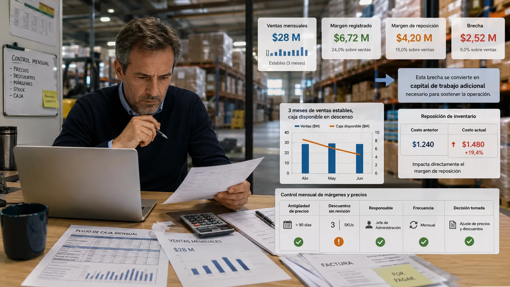 Tres meses de ventas estables con caja en descenso: la rutina mensual asigna responsable, frecuencia y umbral a cada señal (antigüedad de precios, descuentos sin revisión) y deja registrada la decisión tomada.