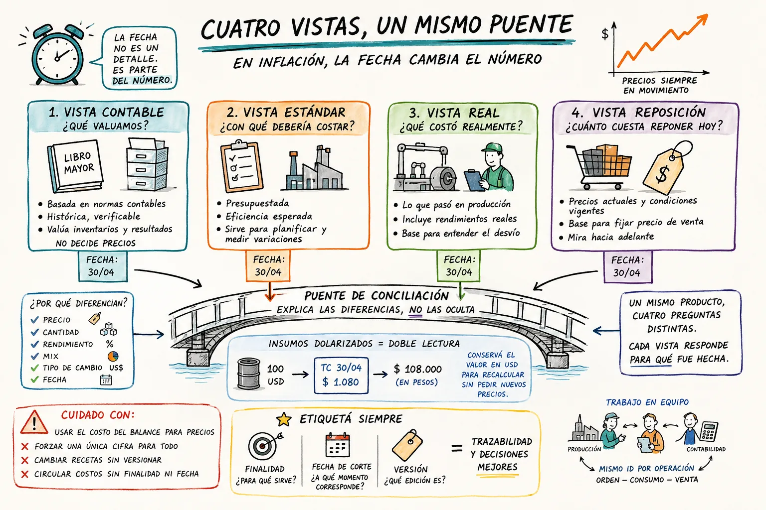 Cuatro vistas del costo (contable, estándar, real y reposición) reconciliadas por un mismo puente: cada vista responde una pregunta distinta sobre el mismo producto.