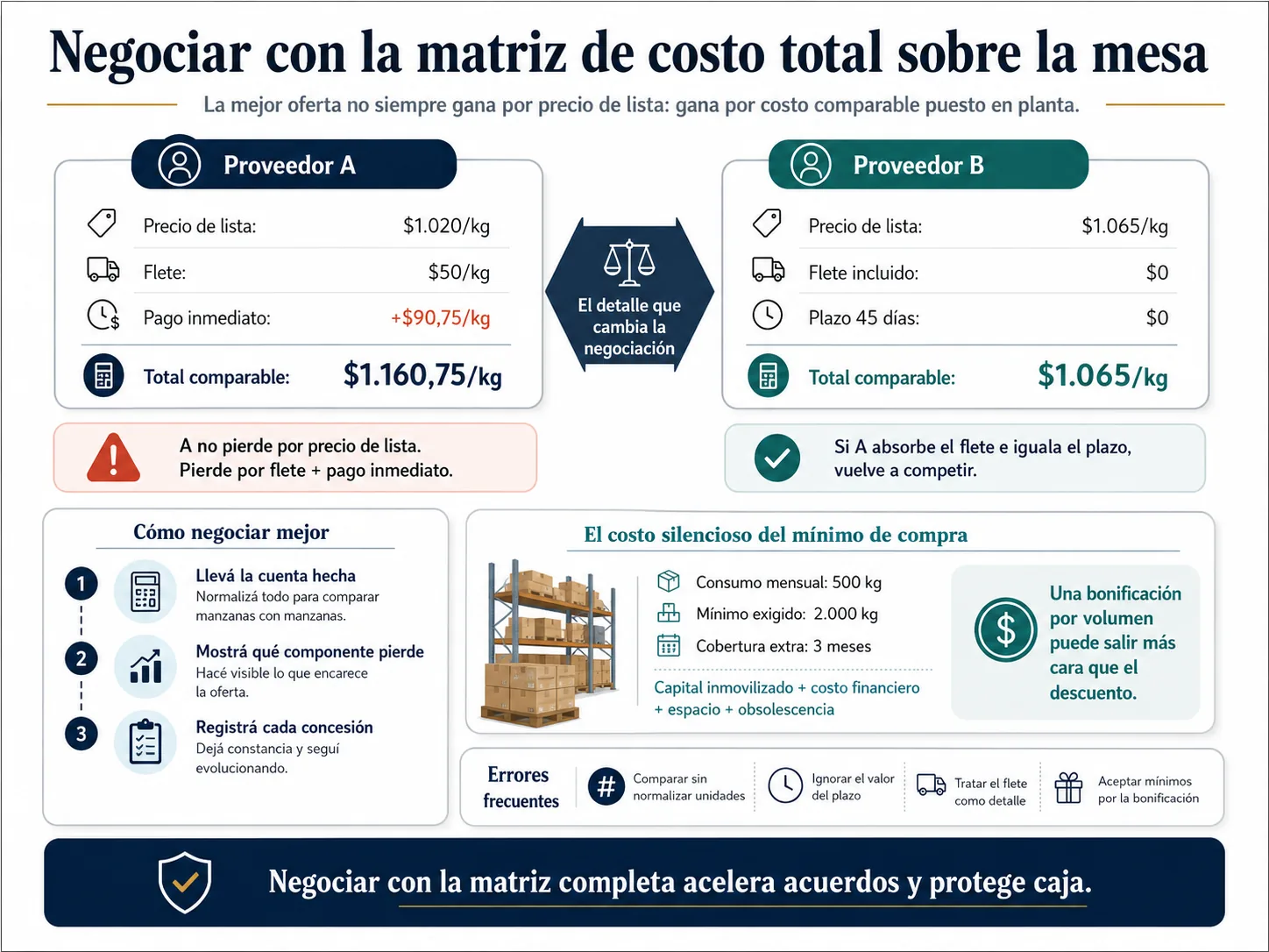 La mejor oferta no gana por precio de lista sino por costo comparable puesto en planta: A cotiza $45 menos por kilo, pero flete y pago inmediato lo dejan en $1.160,75/kg contra los $1.065 de B.