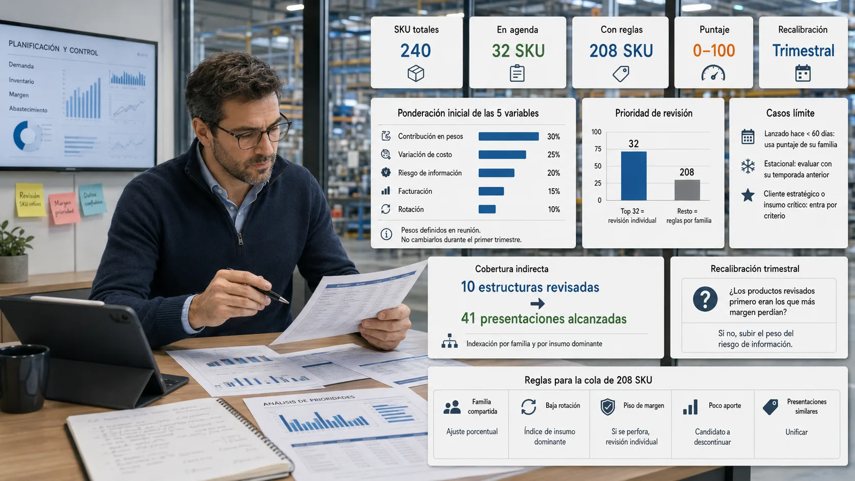 De 240 SKU, 32 entran a revisión individual y los 208 restantes se gobiernan por reglas de familia. Los cinco pesos (contribución 30%, variación 25%, riesgo 20%, facturación 15%, rotación 10%) se fijan en reunión y se recalibran por trimestre.